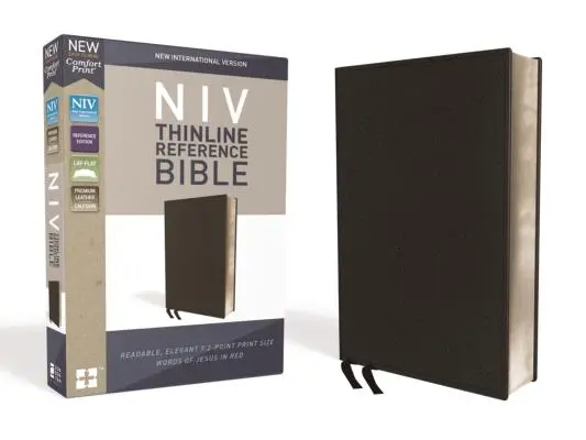 NIV, Tenká referenčná Biblia, prémiová lepená koža, čierna, vydanie s červenými písmenami, pohodlná tlač - NIV, Thinline Reference Bible, Premium Bonded Leather, Black, Red Letter Edition, Comfort Print