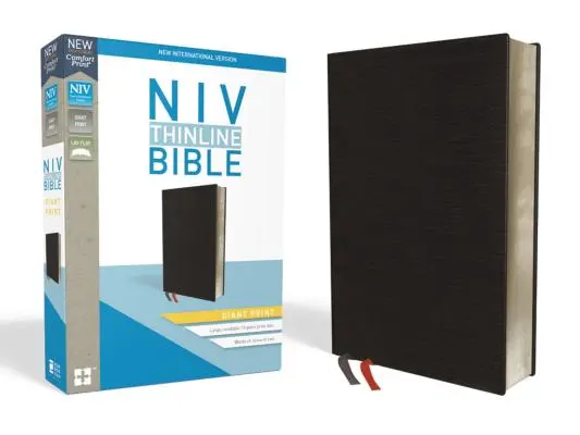 NIV, tenká Biblia, obrovská tlač, lepená koža, čierna, indexovaná, vydanie s červeným písmom - NIV, Thinline Bible, Giant Print, Bonded Leather, Black, Indexed, Red Letter Edition