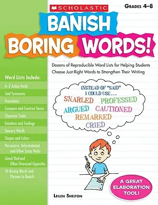 Banish Boring Words!, Grades 4-8: Vychytávky pre žiakov: desiatky reprodukovateľných zoznamov slov, ktoré pomáhajú žiakom vybrať správne slová na posilnenie ich písania - Banish Boring Words!, Grades 4-8: Dozens of Reproducible Word Lists for Helping Students Choose Just-Right Words to Strengthen Their Writing
