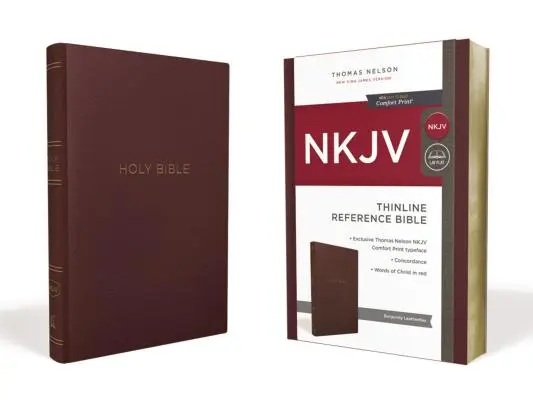 NKJV, tenká referenčná Biblia, kožený vzhľad, bordová farba, vydanie s červenými písmenami, pohodlná tlač - NKJV, Thinline Reference Bible, Leather-Look, Burgundy, Red Letter Edition, Comfort Print