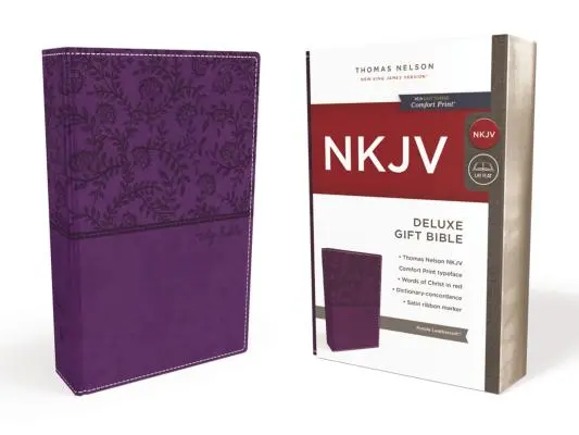 NKJV, darčeková Biblia Deluxe, imitácia kože, fialová farba, vydanie s červenými písmenami - NKJV, Deluxe Gift Bible, Imitation Leather, Purple, Red Letter Edition