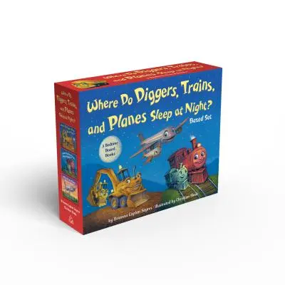 Kde spia v noci bagre, vlaky a lietadlá? Súbor stolových kníh - Where Do Diggers, Trains, and Planes Sleep at Night? Board Book Boxed Set