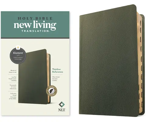 NLT Thinline Reference Bible, Filament Enabled Edition (Red Letter, Genuine Leather, Olive Green, Indexed)