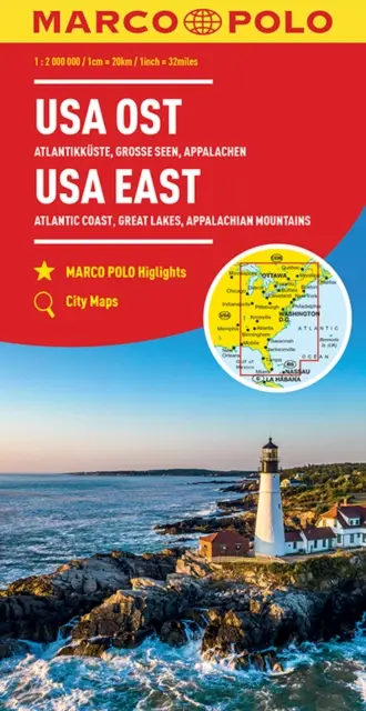 Východná mapa USA Marco Polo - Atlantické pobrežie, Veľké jazerá a Apalačské pohorie - USA East Marco Polo Map - Atlantic Coast, Great Lakes and Appalachian Mountains