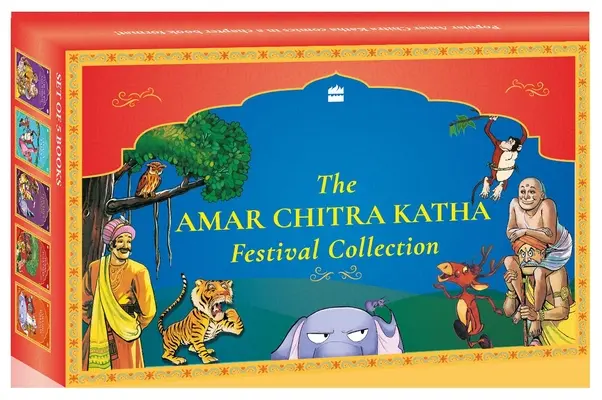 Festivalová kolekcia Amar Chitra Katha - plechová škatuľa obsahujúca 5 kníh - Amar Chitra Katha Festival Collection - Tin box containing 5 books